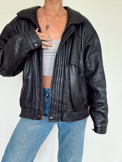 Vintage black leather bomber jacket