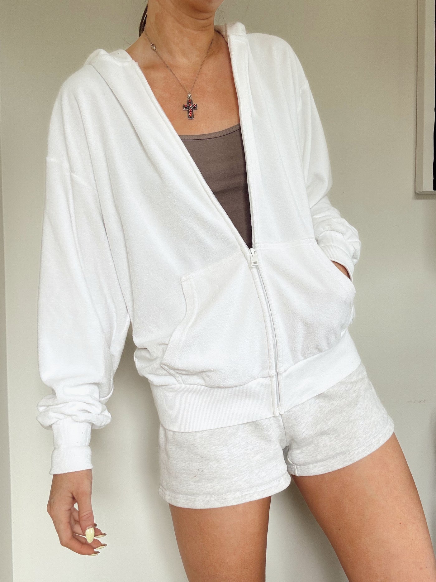 White TNA terry towel zip up hoodie