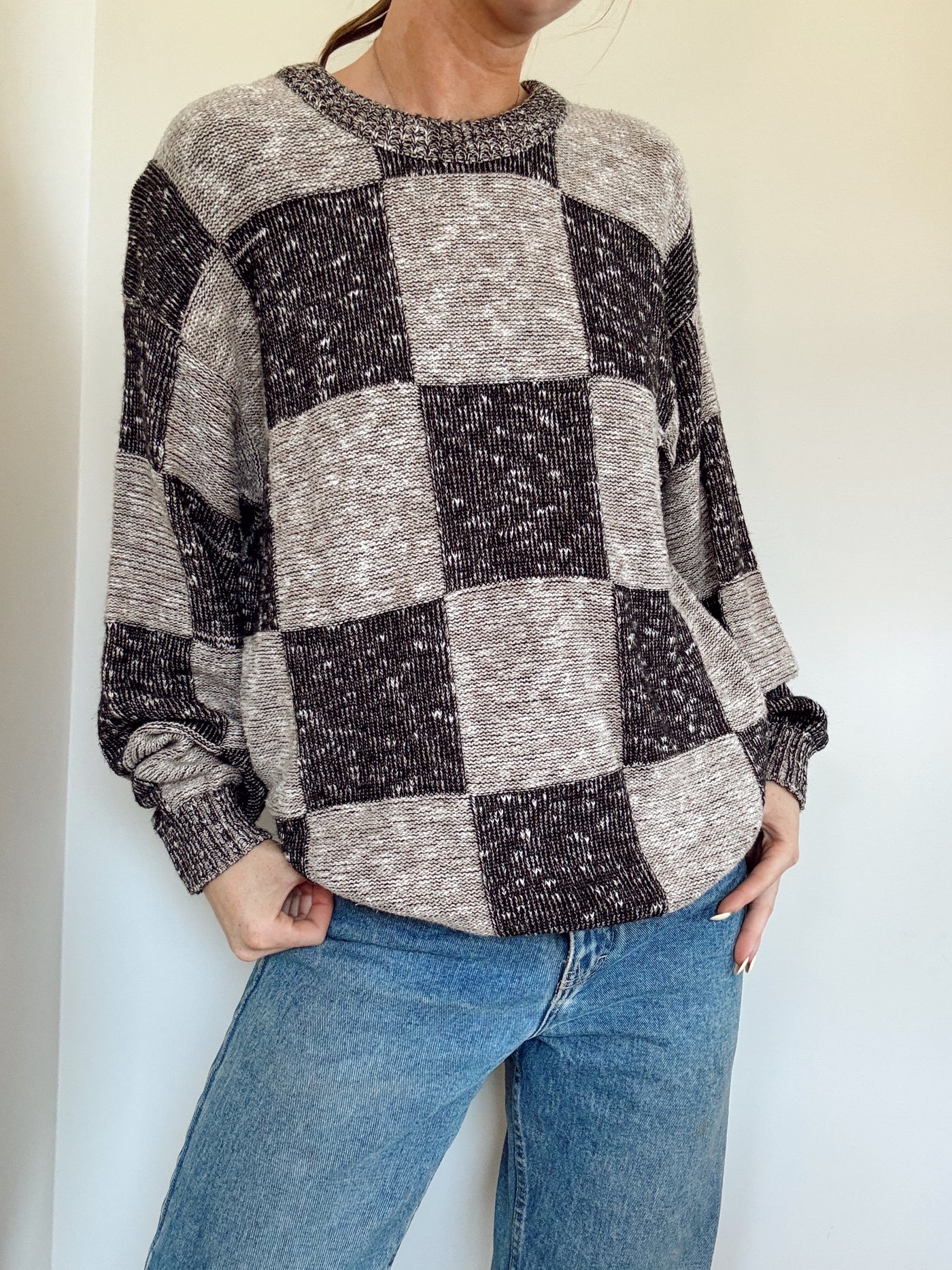 Vintage mocha pines plaid knit sweater