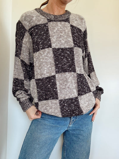 Vintage mocha pines plaid knit sweater