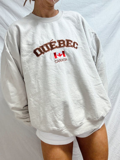 Neutral beige Quebec Canada embroidered crewneck