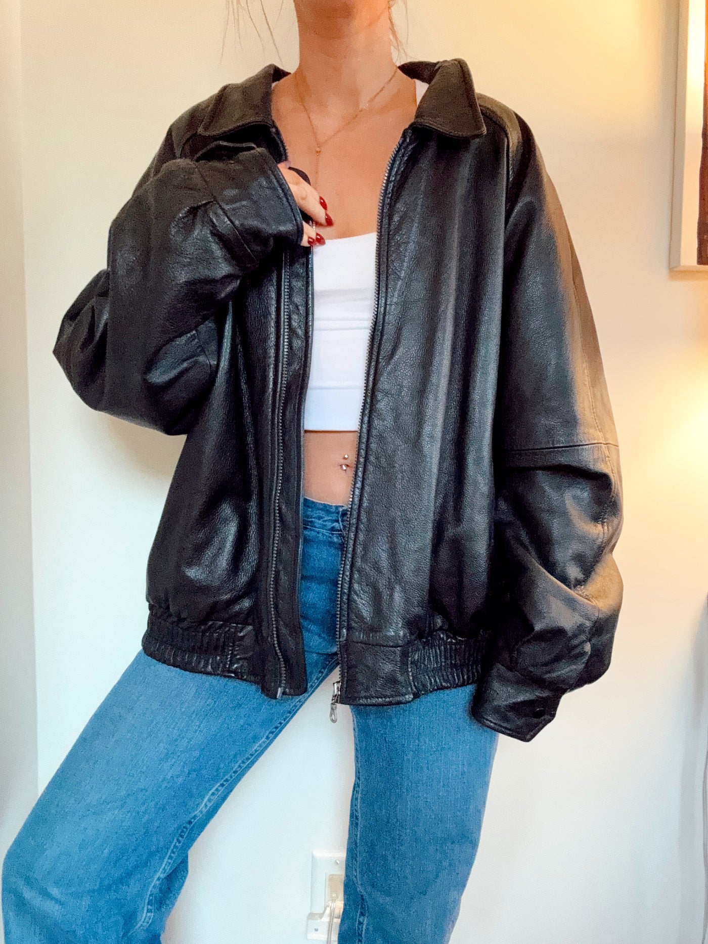 Vintage black NY bomber leather jacket