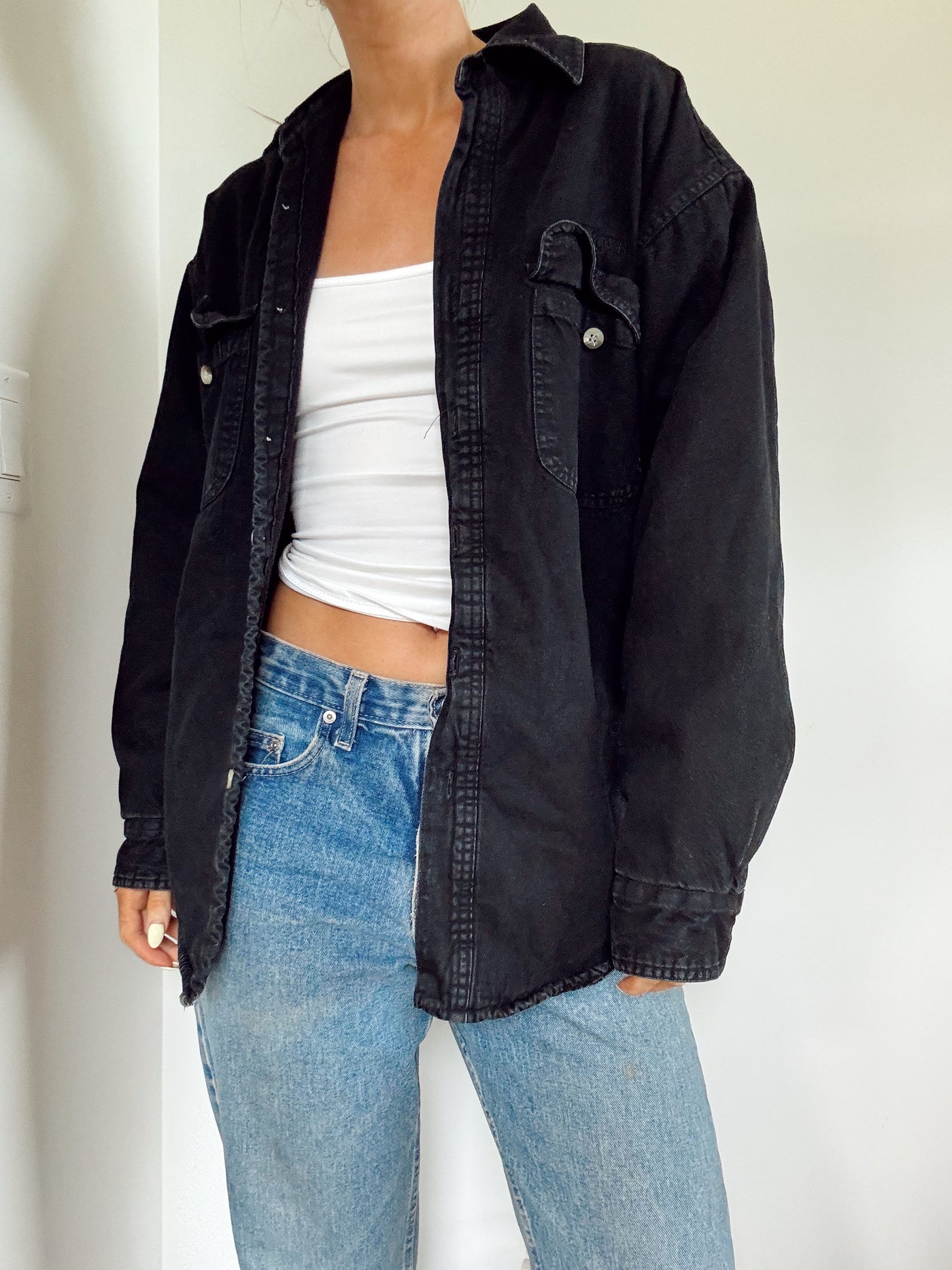 Black fur lined black denim Shacket