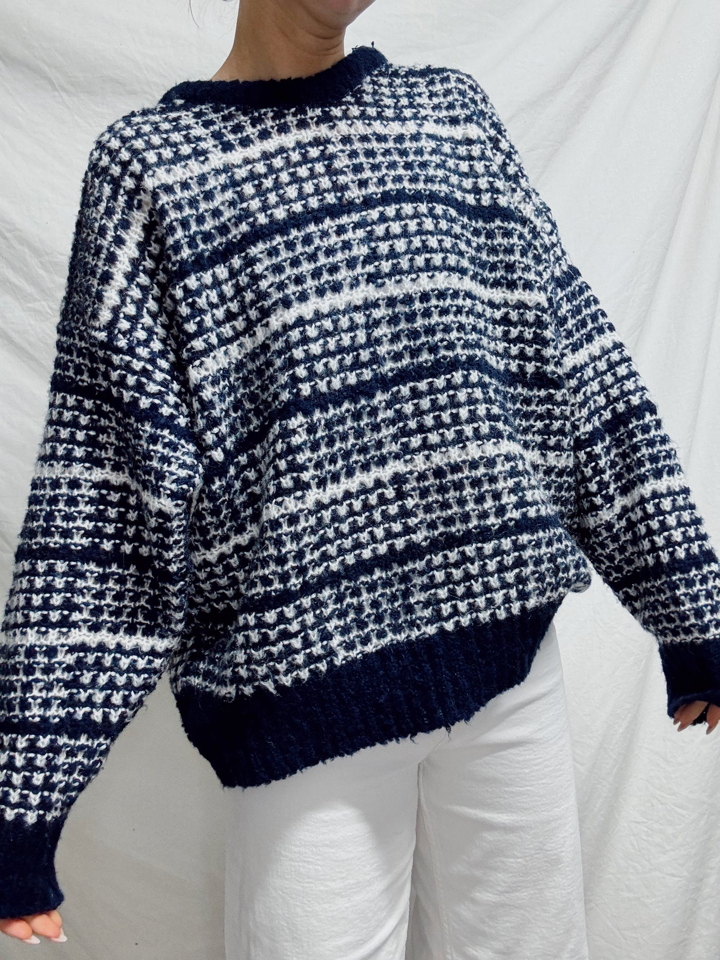 Vintage blue & white plaid knit sweater