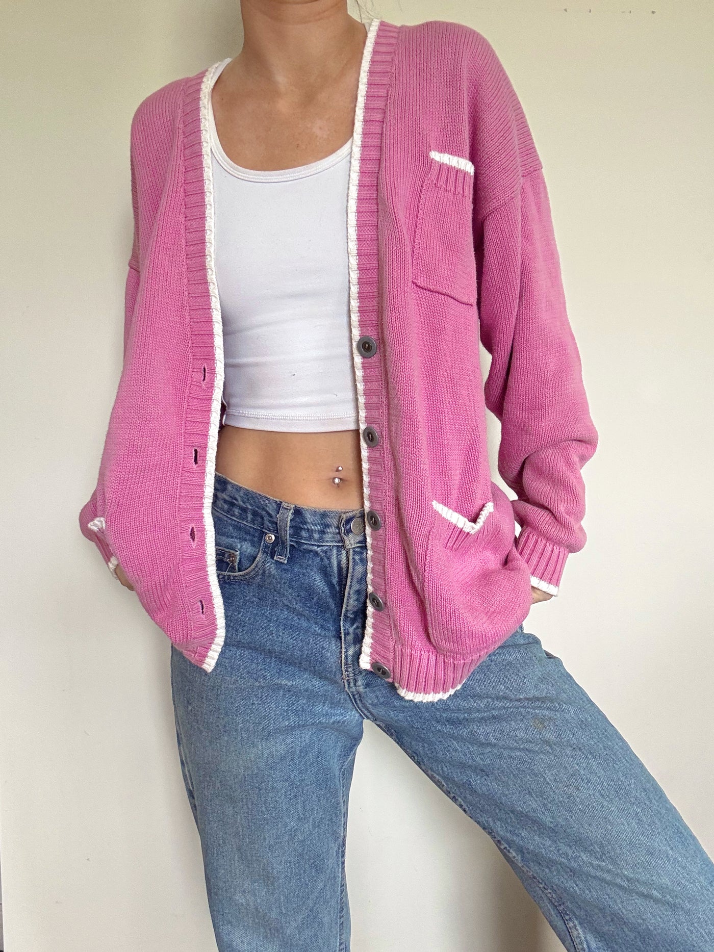 Seashell pink & white knit cardigan