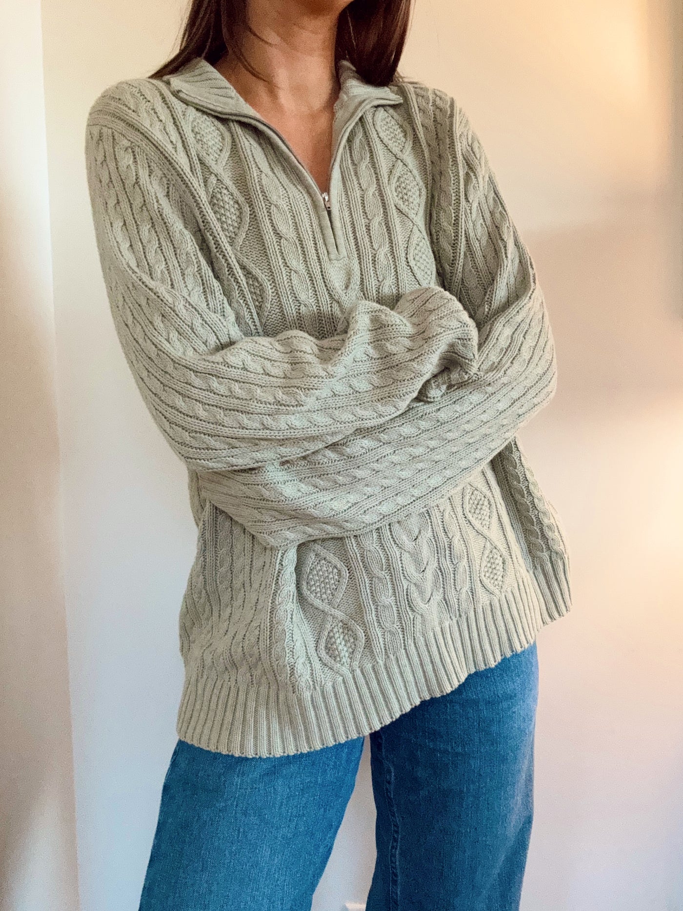 Vintage Dusty green sage knit cable quarter zip