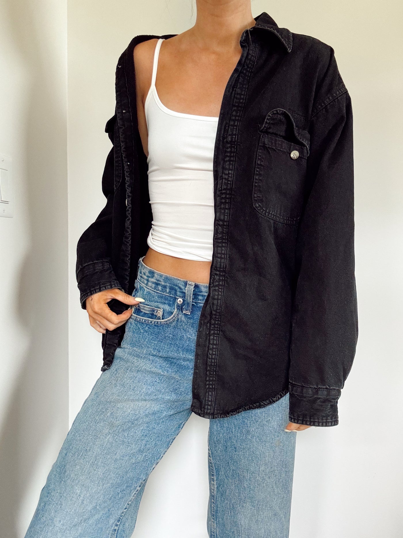 Black fur lined black denim Shacket