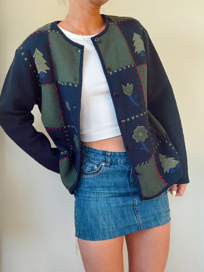 Vintage pine & petals patch work knit sweater