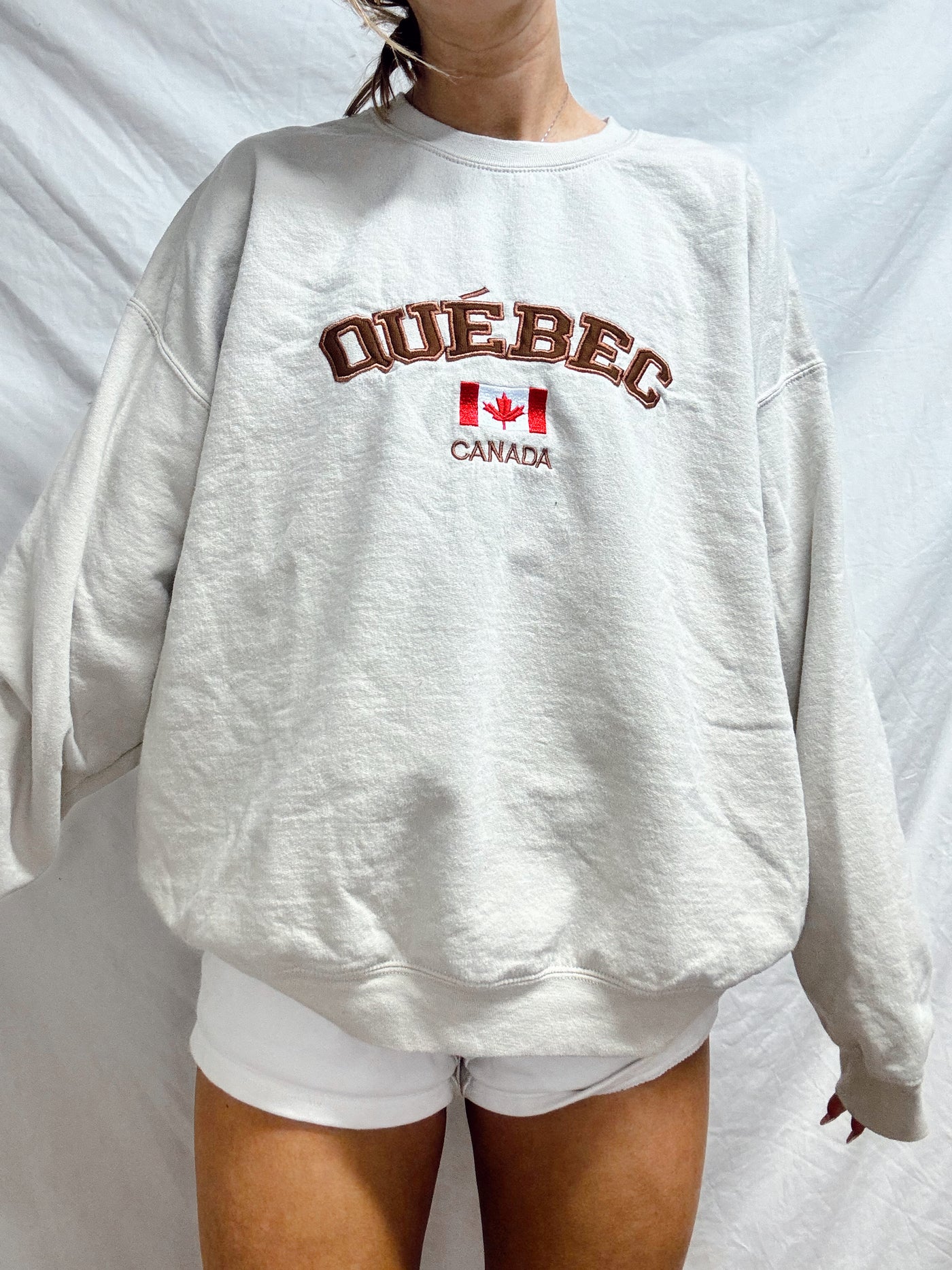 Neutral beige Quebec Canada embroidered crewneck