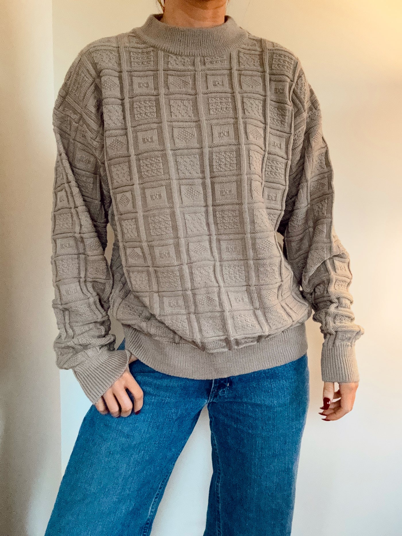Vintage beige toffee nut plaid knit sweater