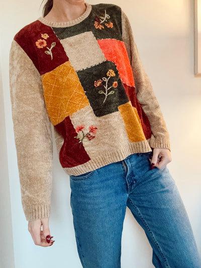 Vintage fall flower patch knit sweater