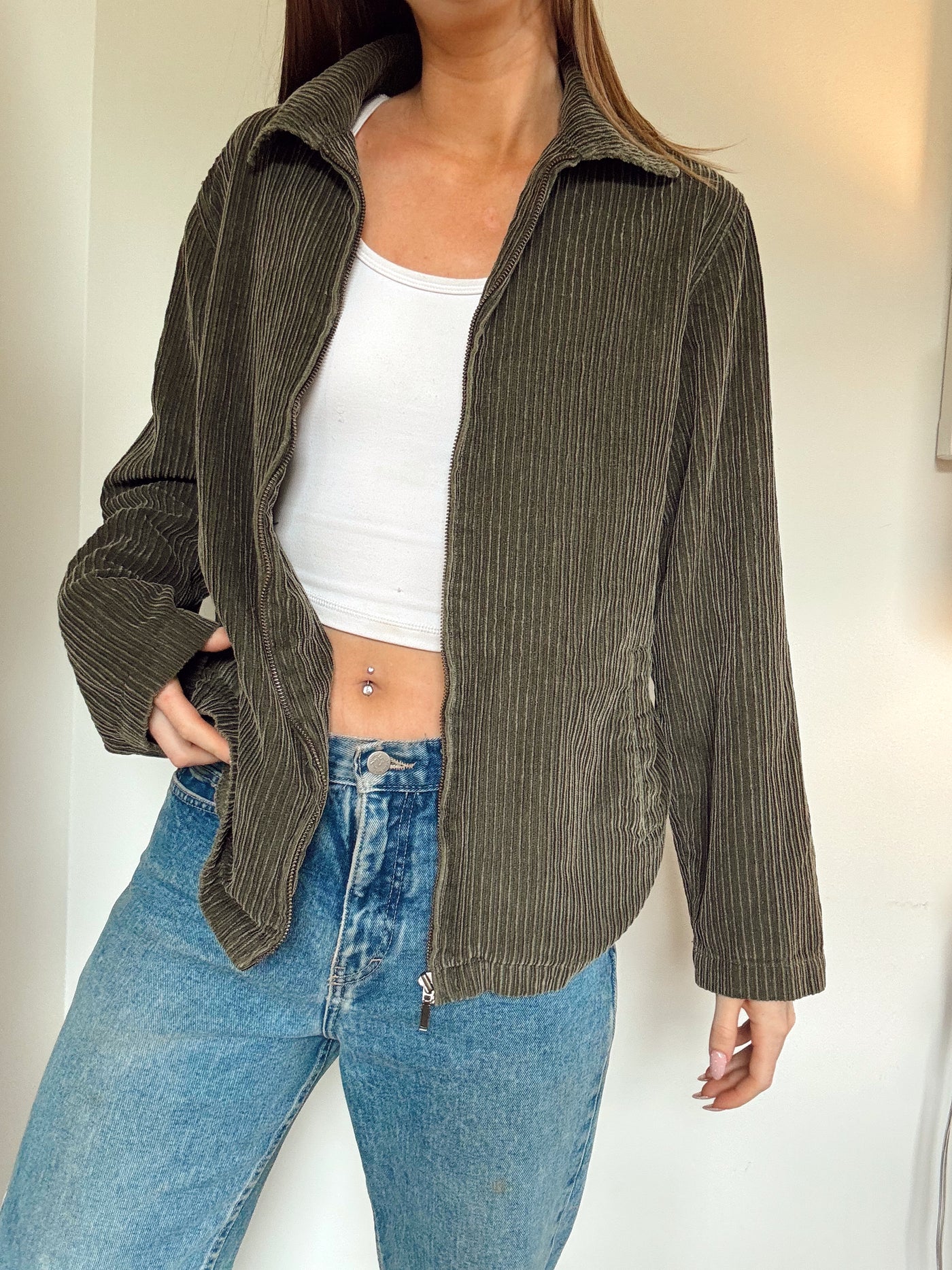 Fern green corduroy zip up jacket