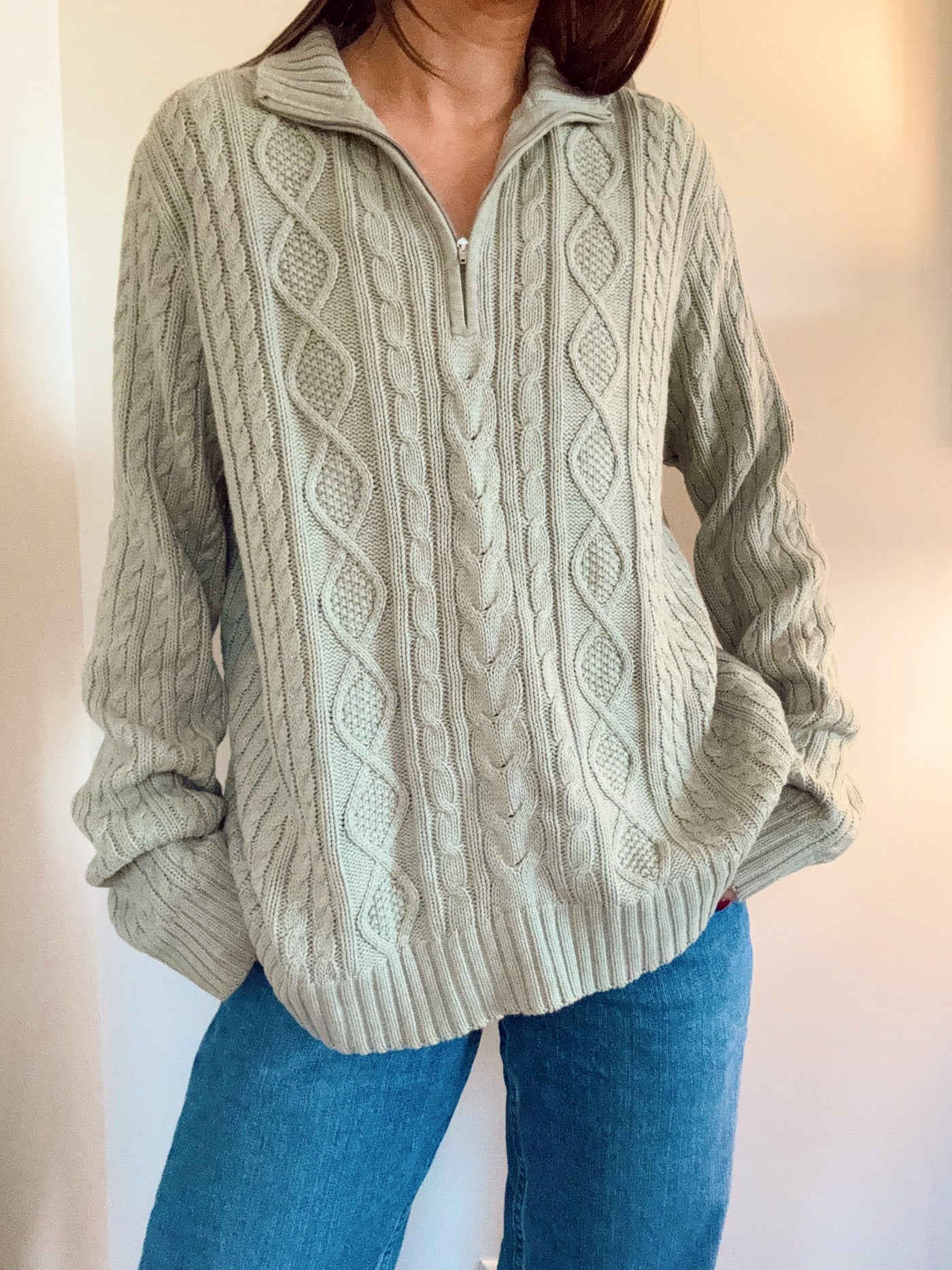 Vintage Dusty green sage knit cable quarter zip