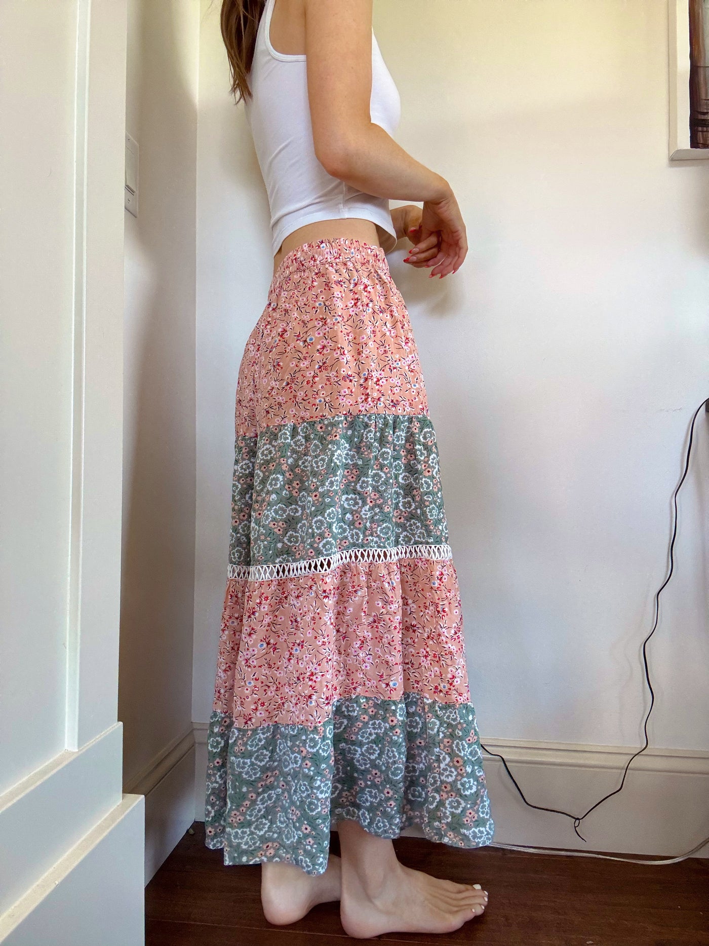 Pink & green floral patch work skirt