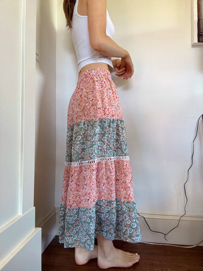 Pink & green floral patch work skirt