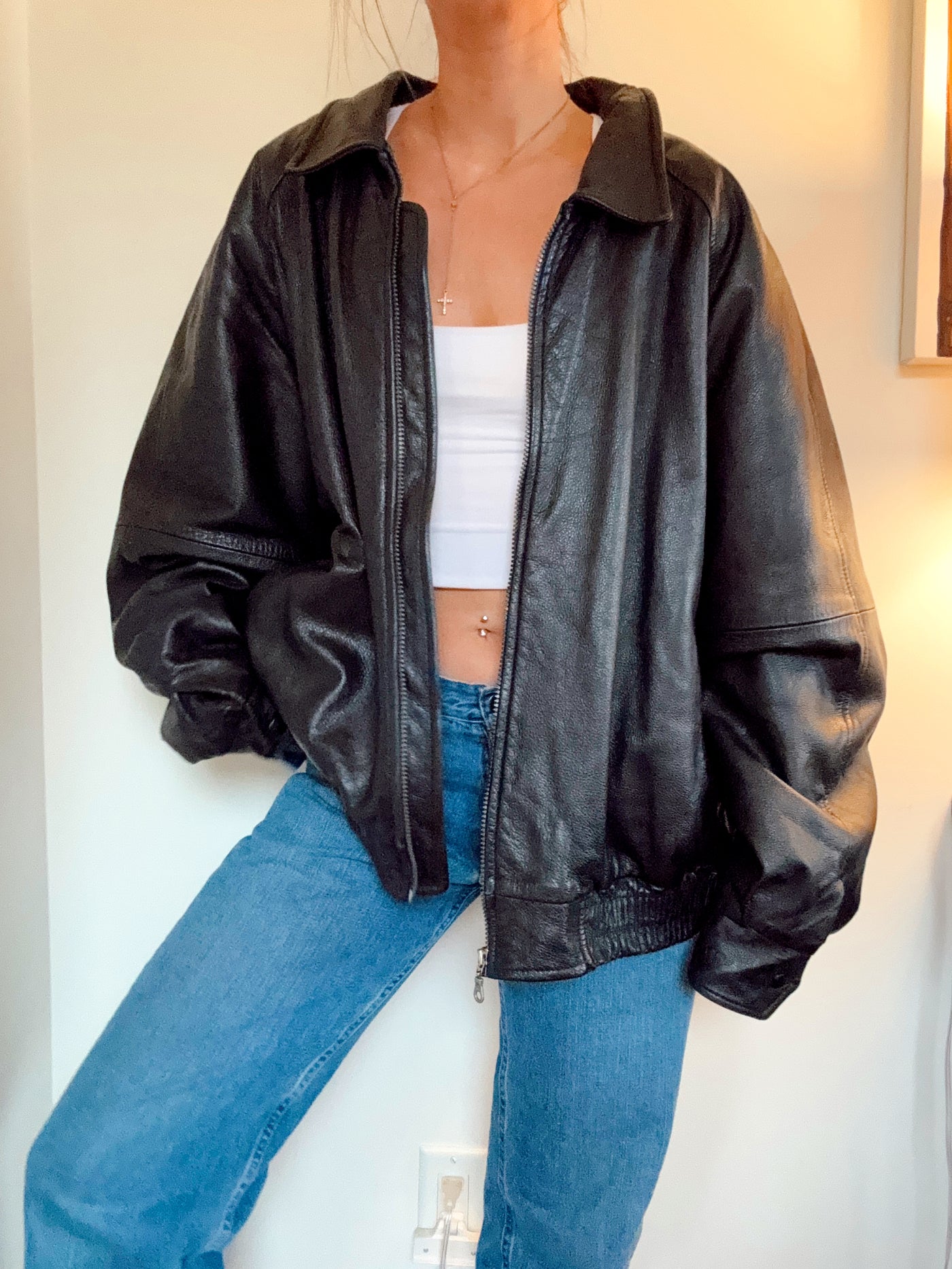 Vintage black NY bomber leather jacket