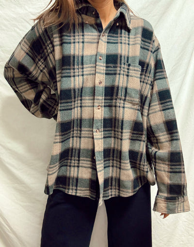 Neutral brown & black fleece plaid button up