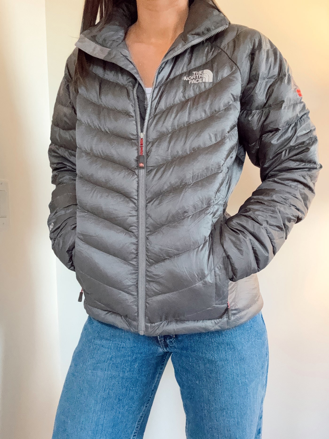 Grey North Face 800 down-fill puffer jacket
