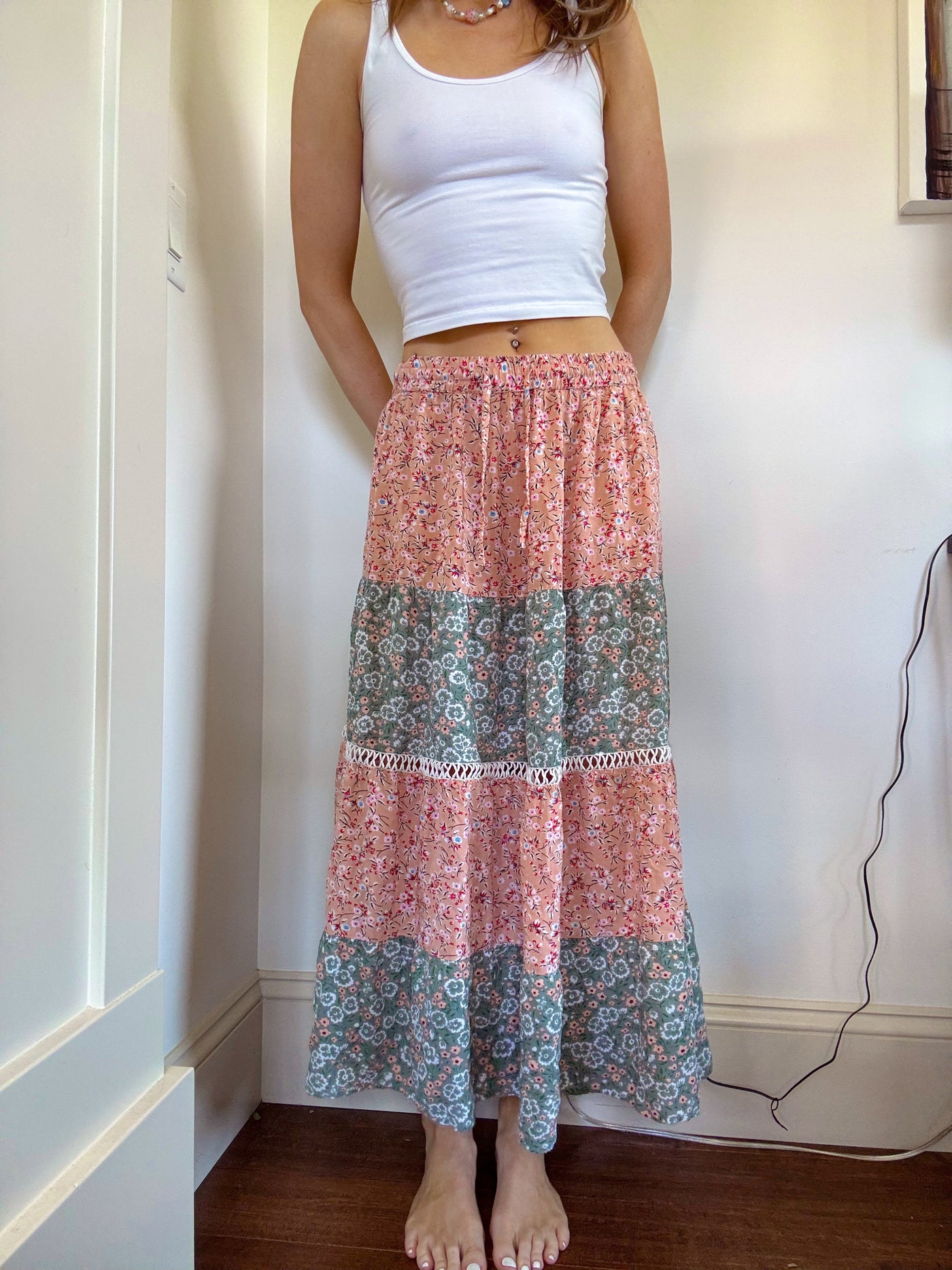 Pink & green floral patch work skirt