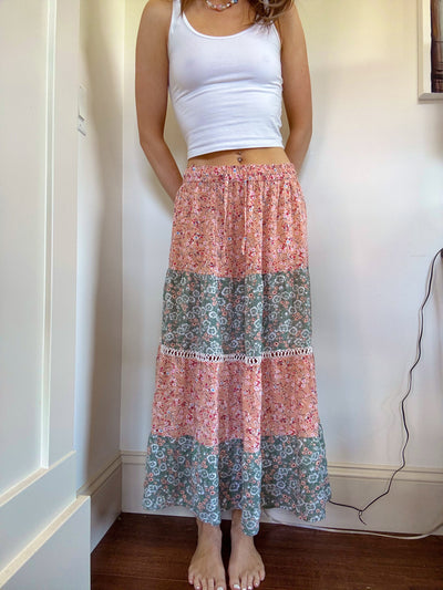 Pink & green floral patch work skirt