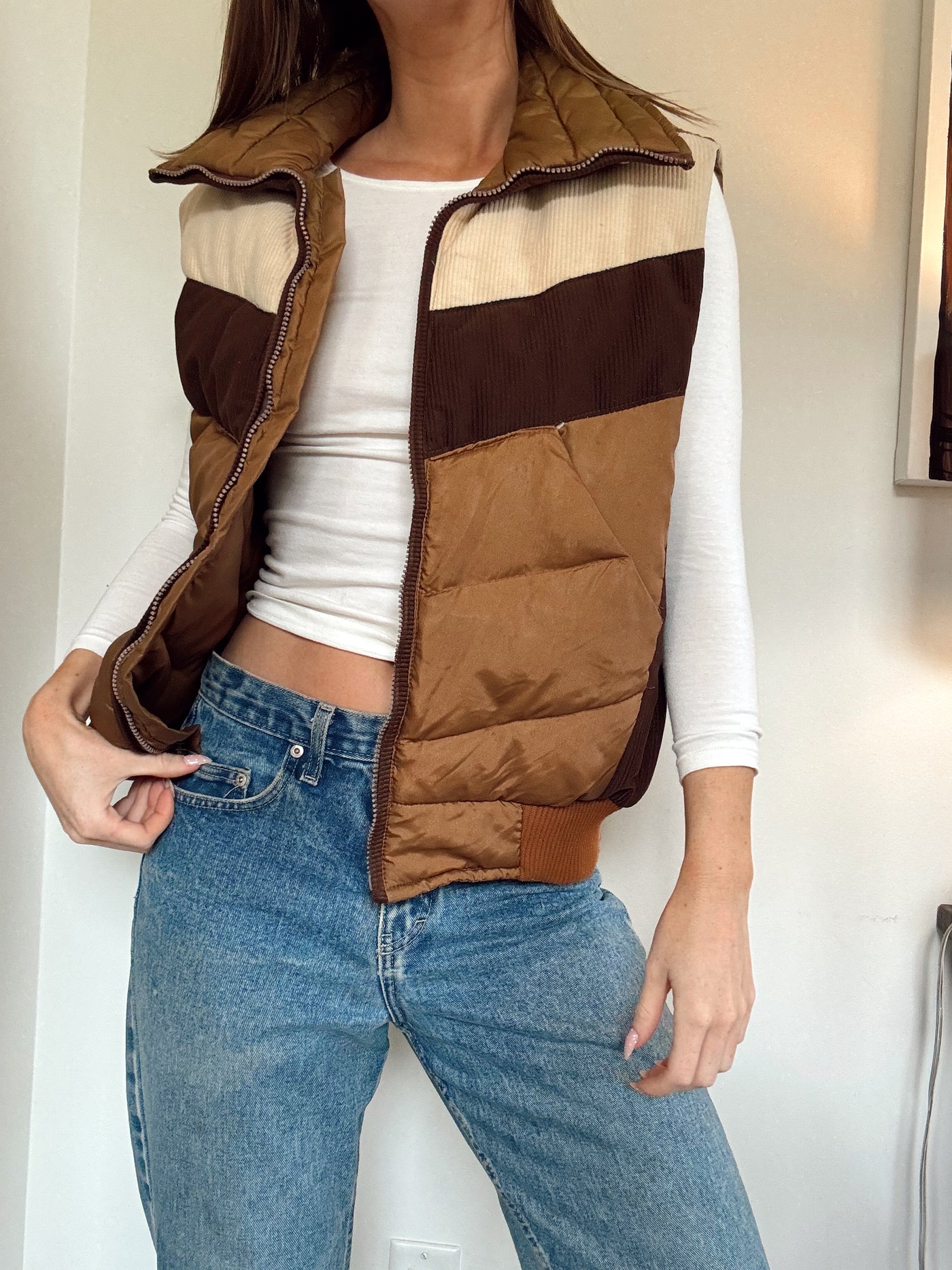 Neutral brown corduroy puffer vest