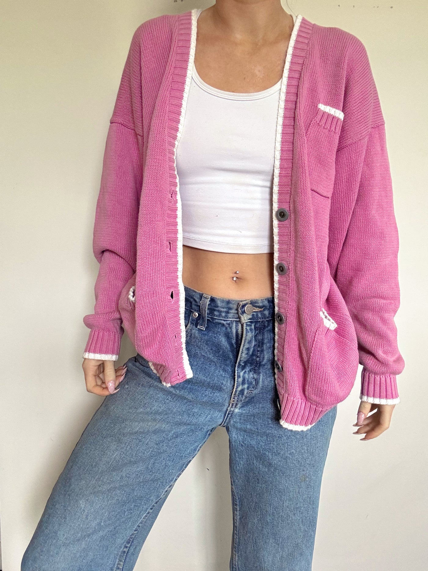 Seashell pink & white knit cardigan