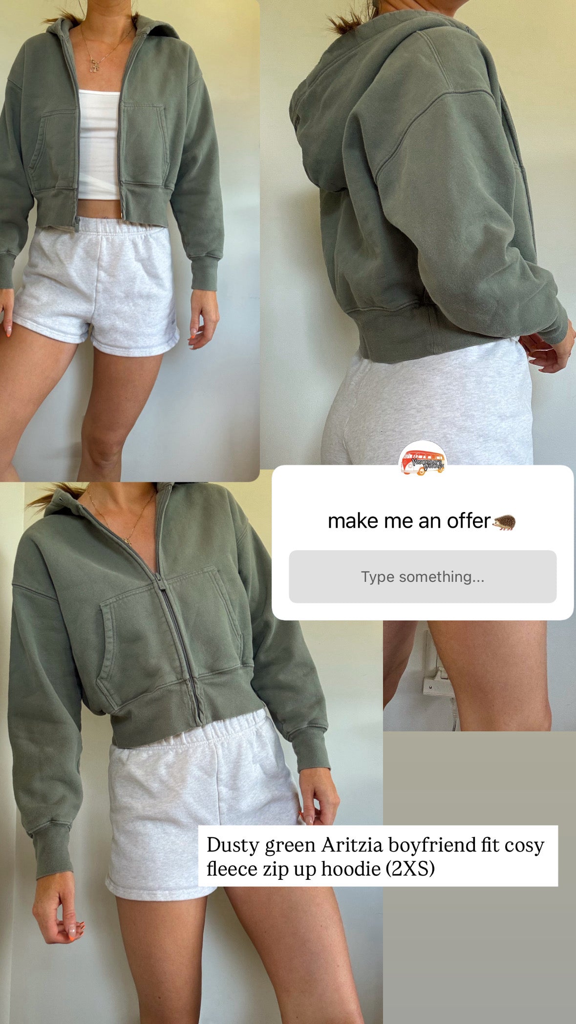 Dusty green Aritzia boyfriend fit cozy fleece zip up