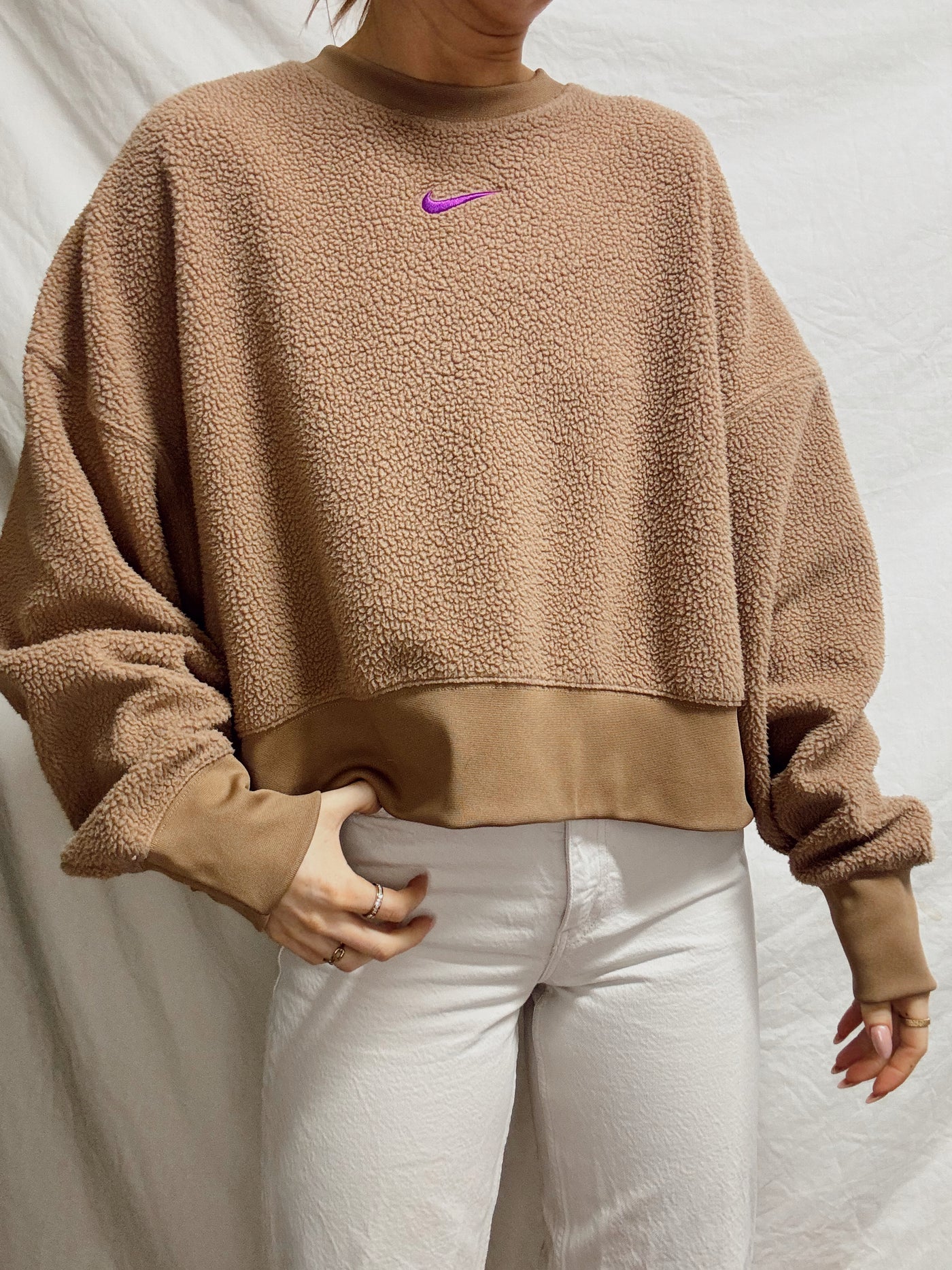 Neutral brown fleece Nike pink middle swoosh crewneck