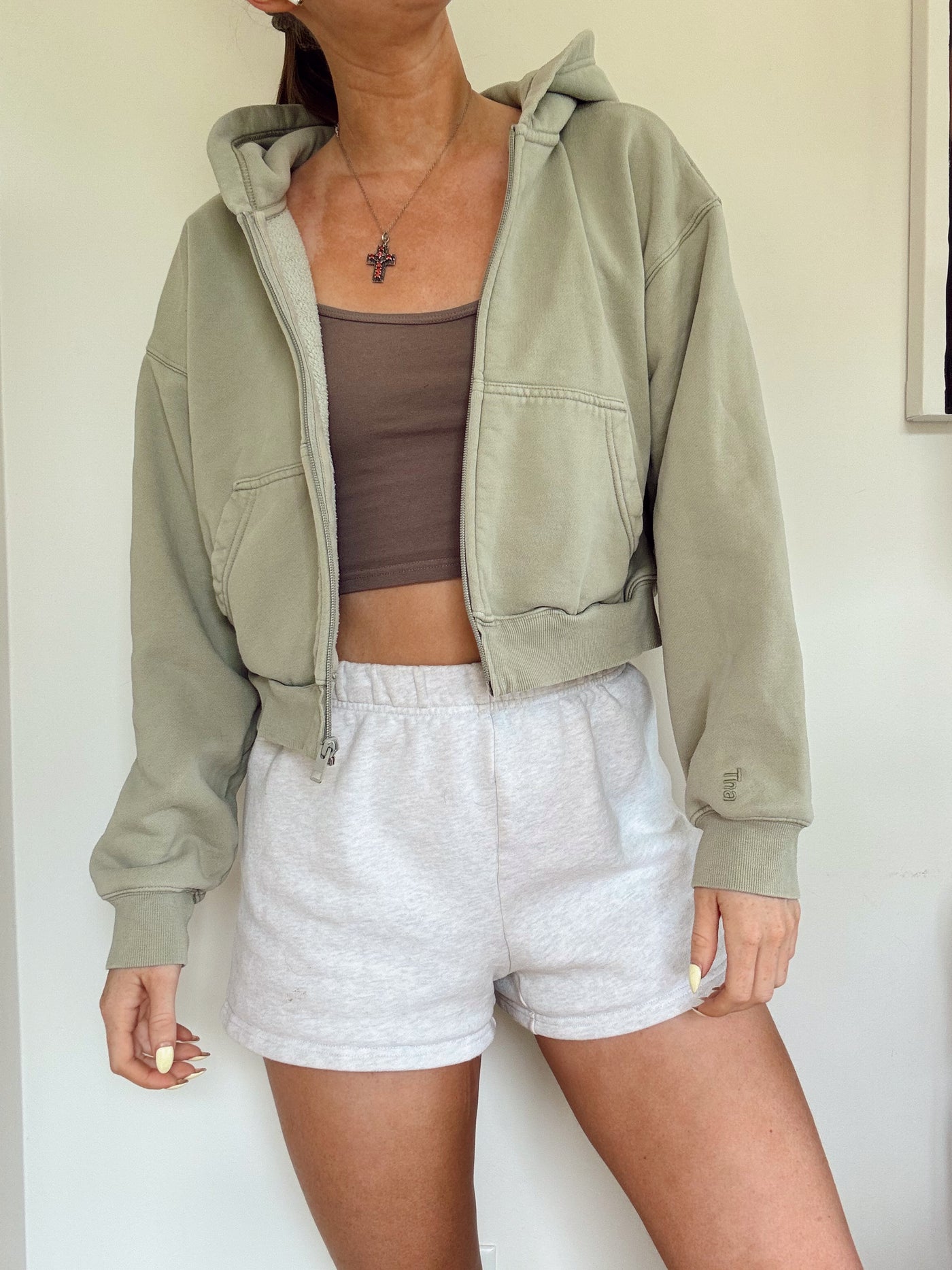 TNA Aritzia Dusty green boxy zip up hoodie