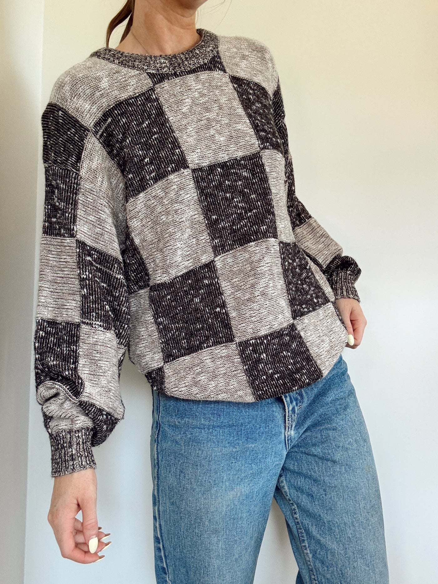 Vintage mocha pines plaid knit sweater