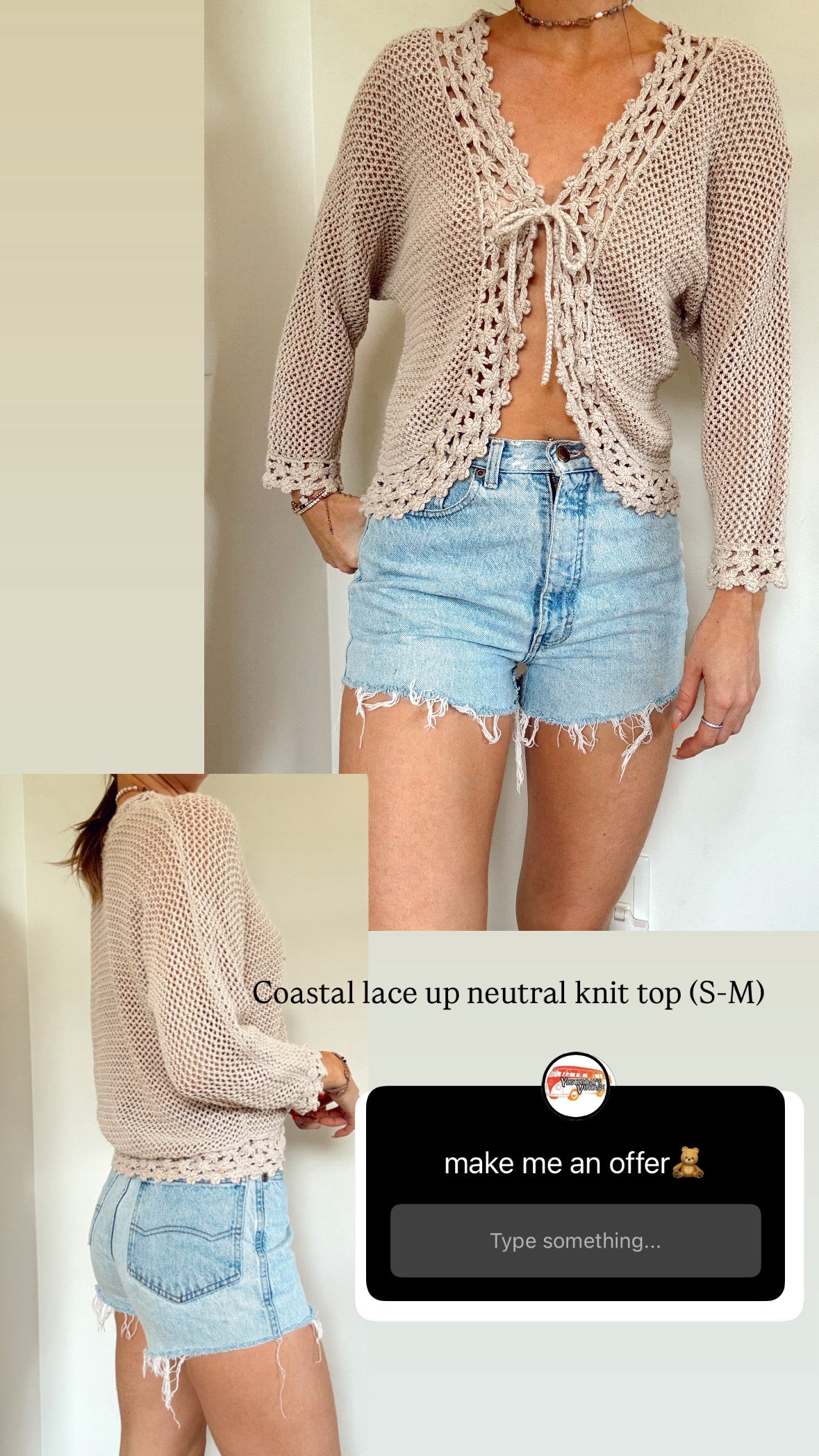 Neutral coastal lace up tie crochet top