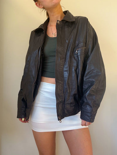 Vintage essential black boxy bomber leather jacket