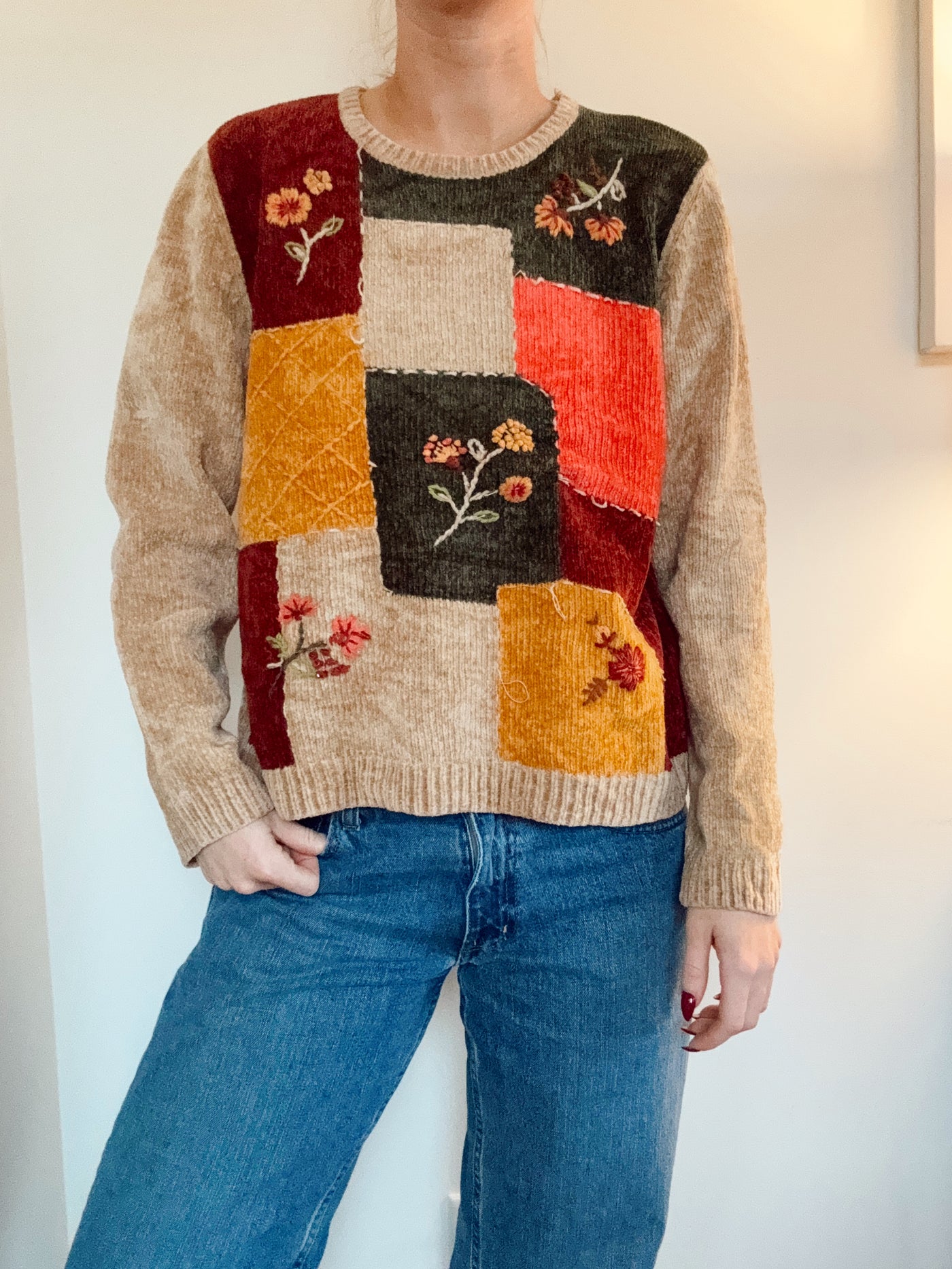 Vintage fall flower patch knit sweater
