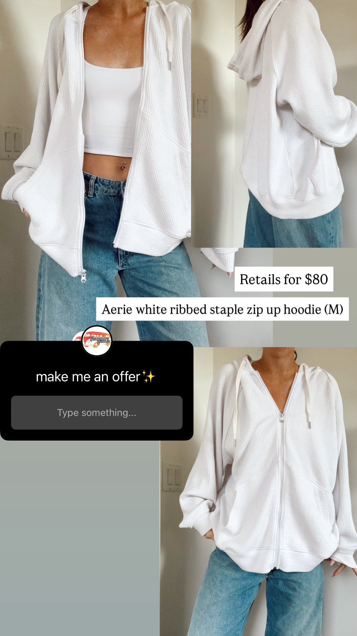 Aerie white ribbed staple zip up hoodie