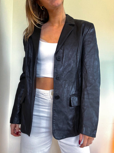 Vintage button black staple leather jacket