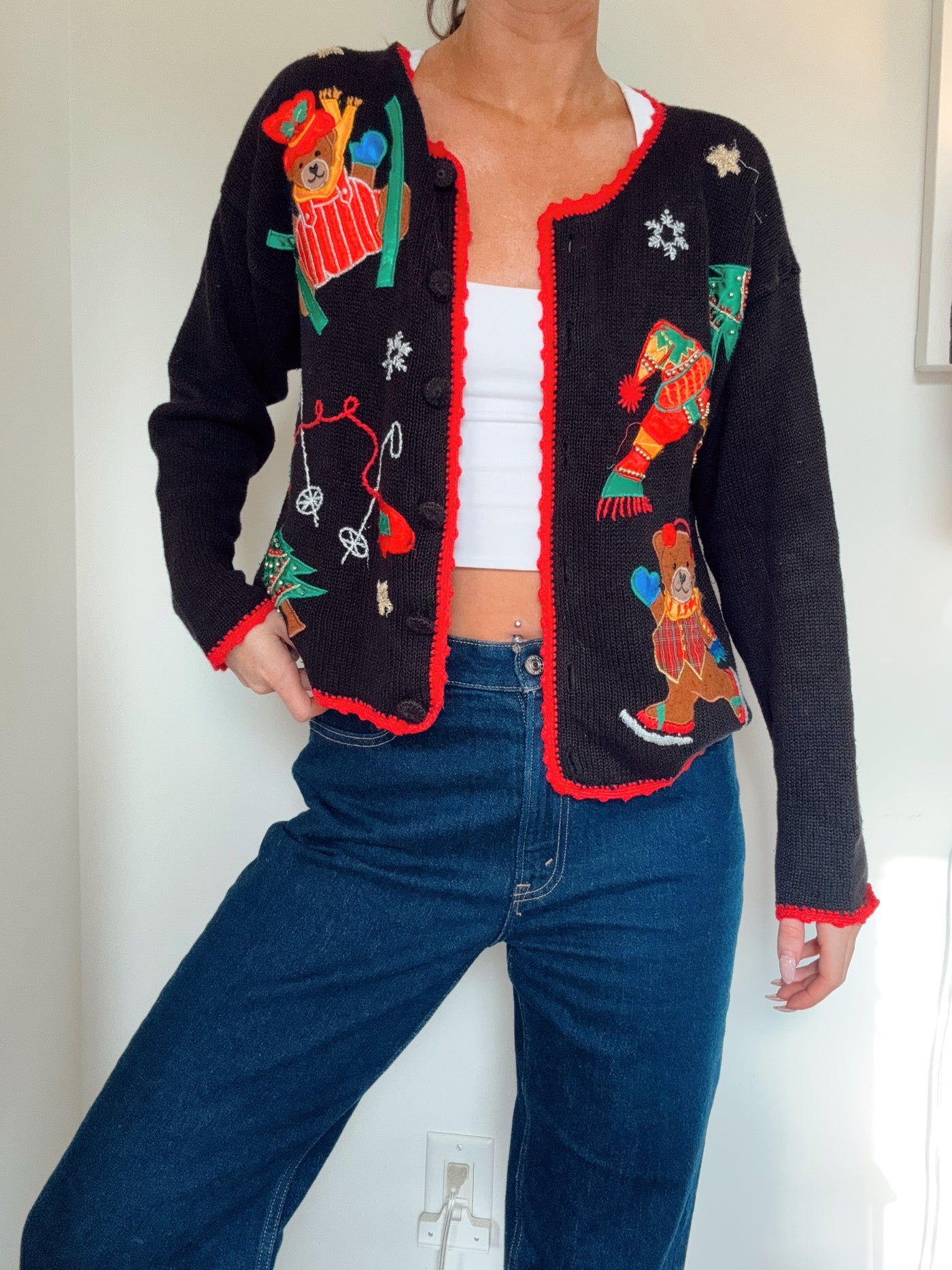 Vintage teddy bears skiing knit cardigan