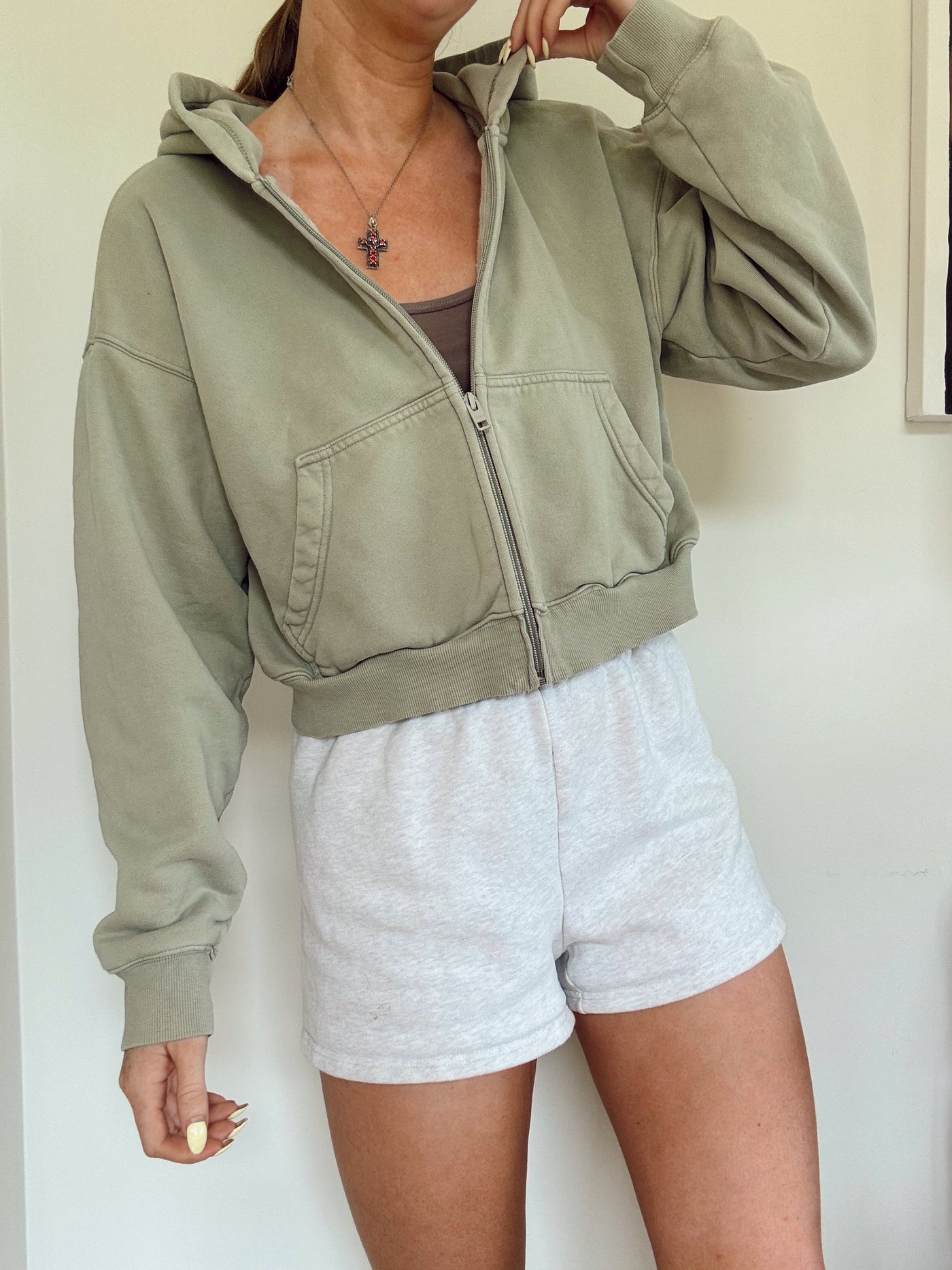 TNA Aritzia Dusty green boxy zip up hoodie