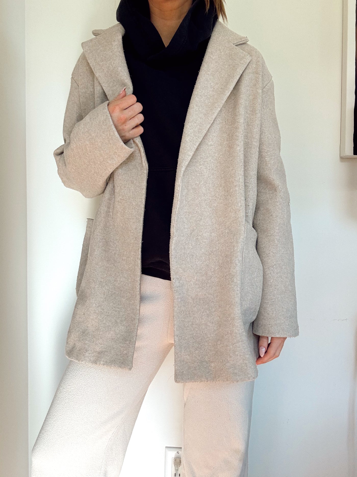 Neutral taupe short length pea coat