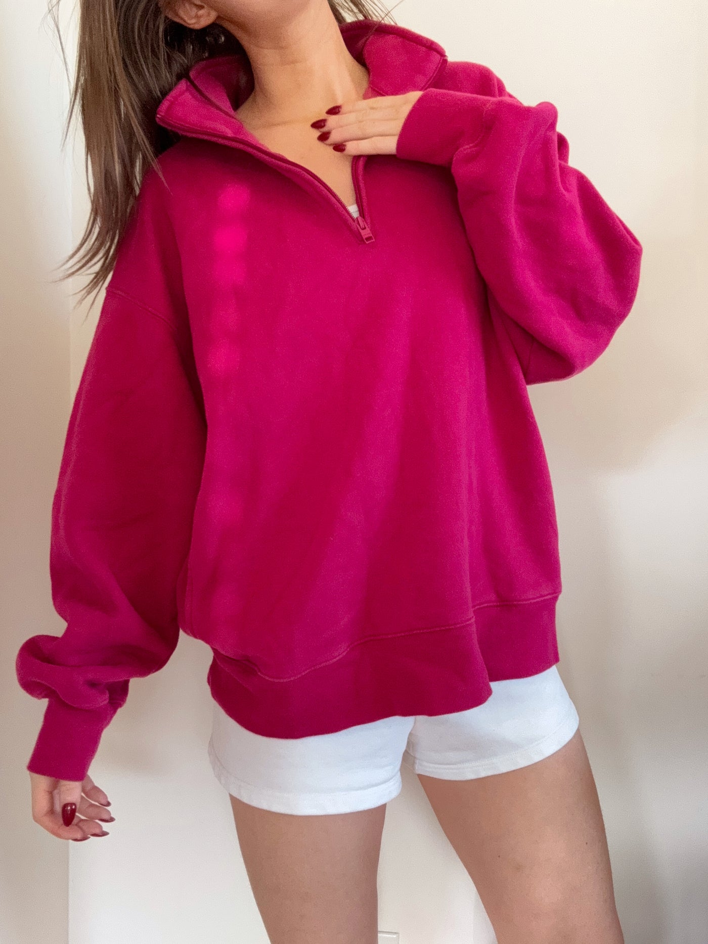 TNA Aritzia raspberry pink boyfriend fit quarter zip