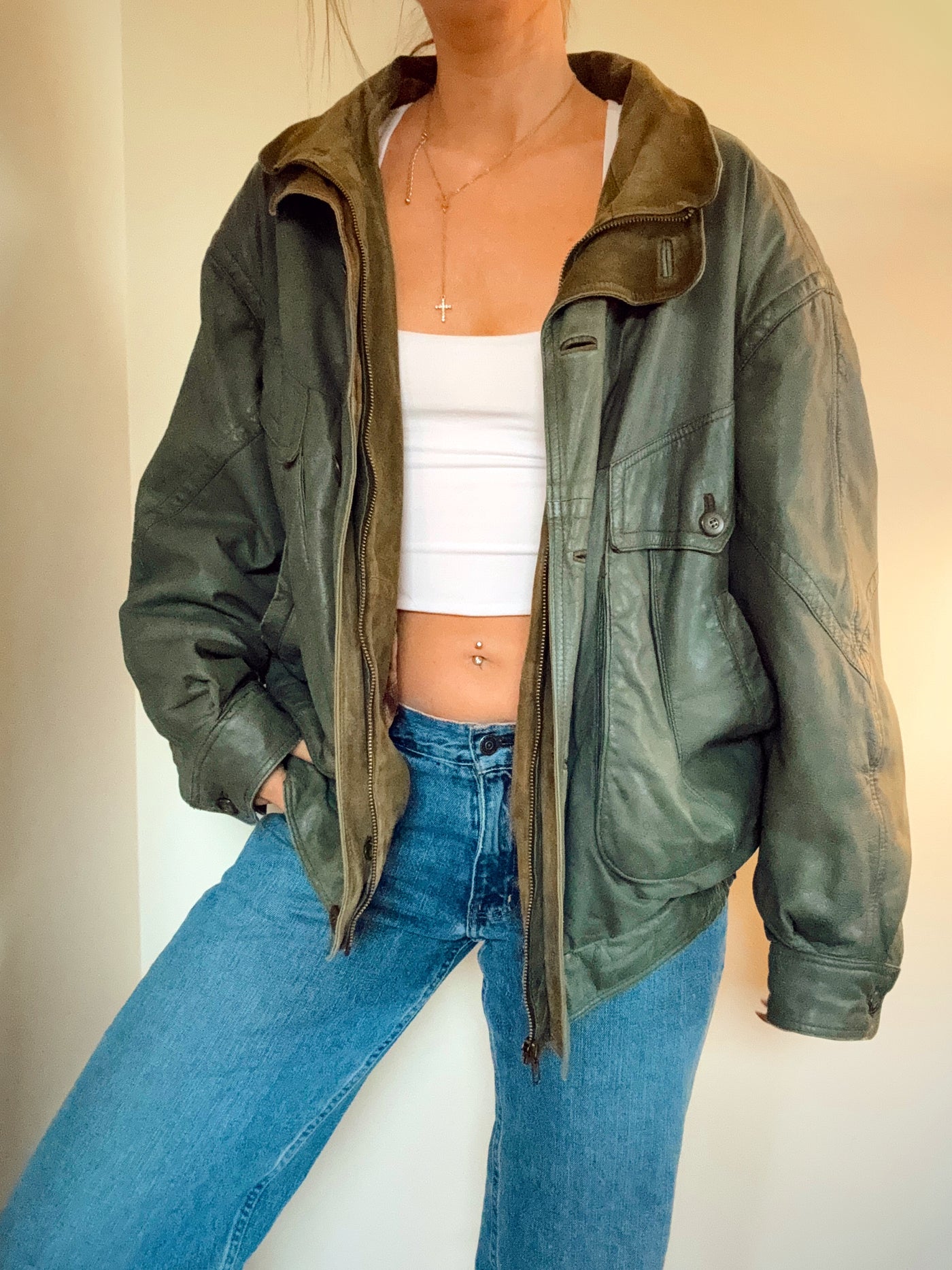 Vintage moss green bomber leather jacket