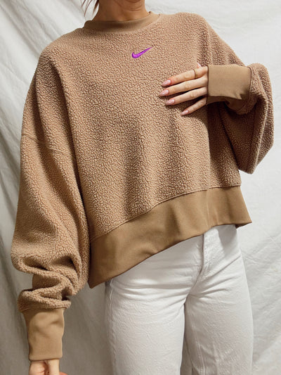 Neutral brown fleece Nike pink middle swoosh crewneck