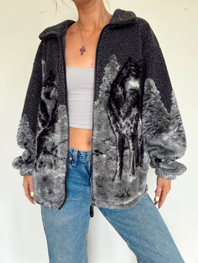 Vintage wolf double sided deep pile jacket