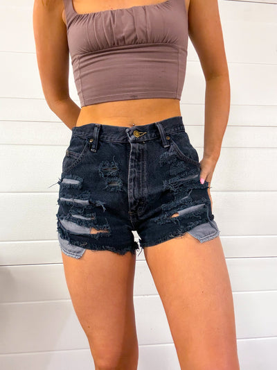 (32”W) Black Wrangler distressed shorts