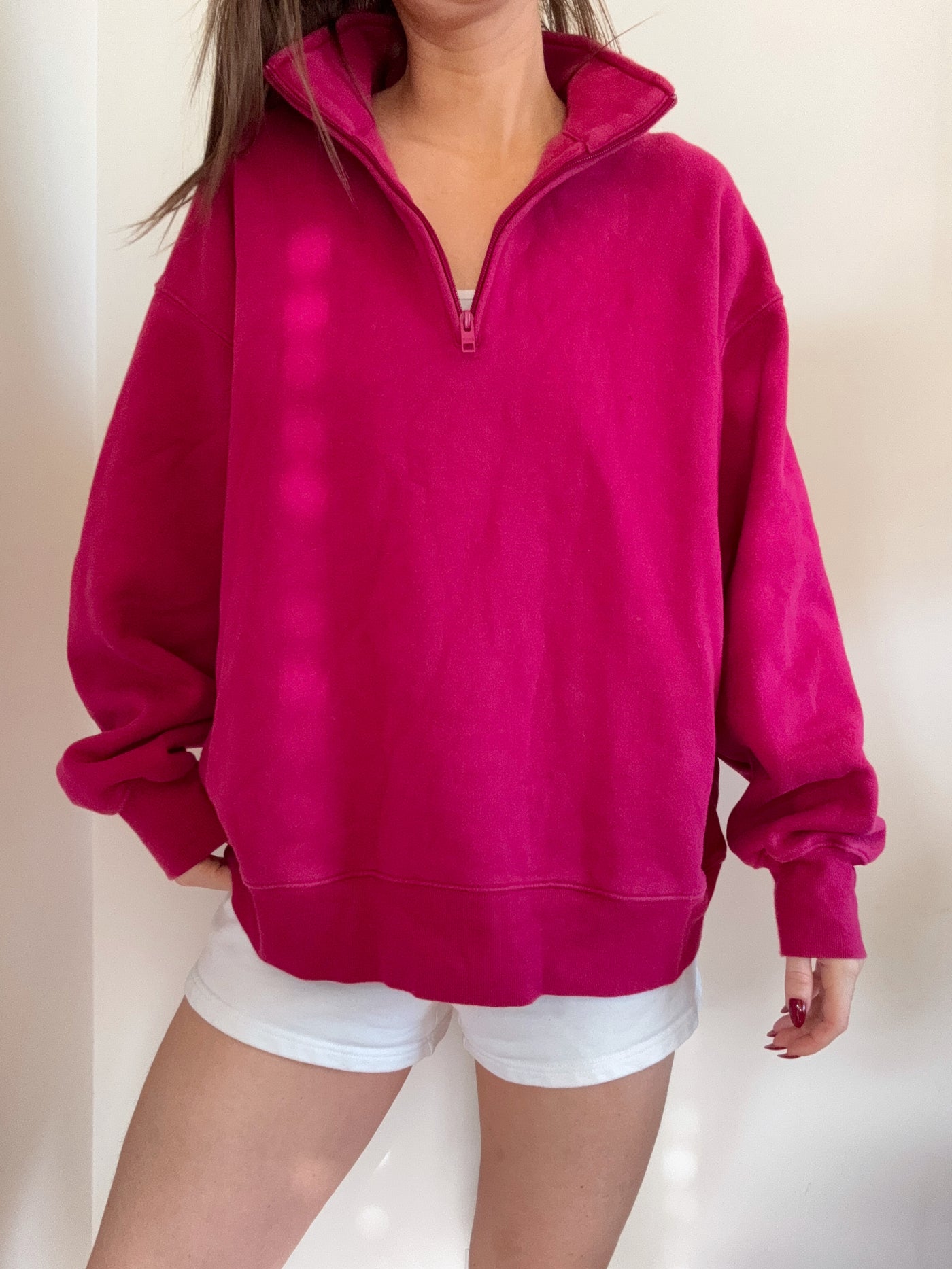 TNA Aritzia raspberry pink boyfriend fit quarter zip