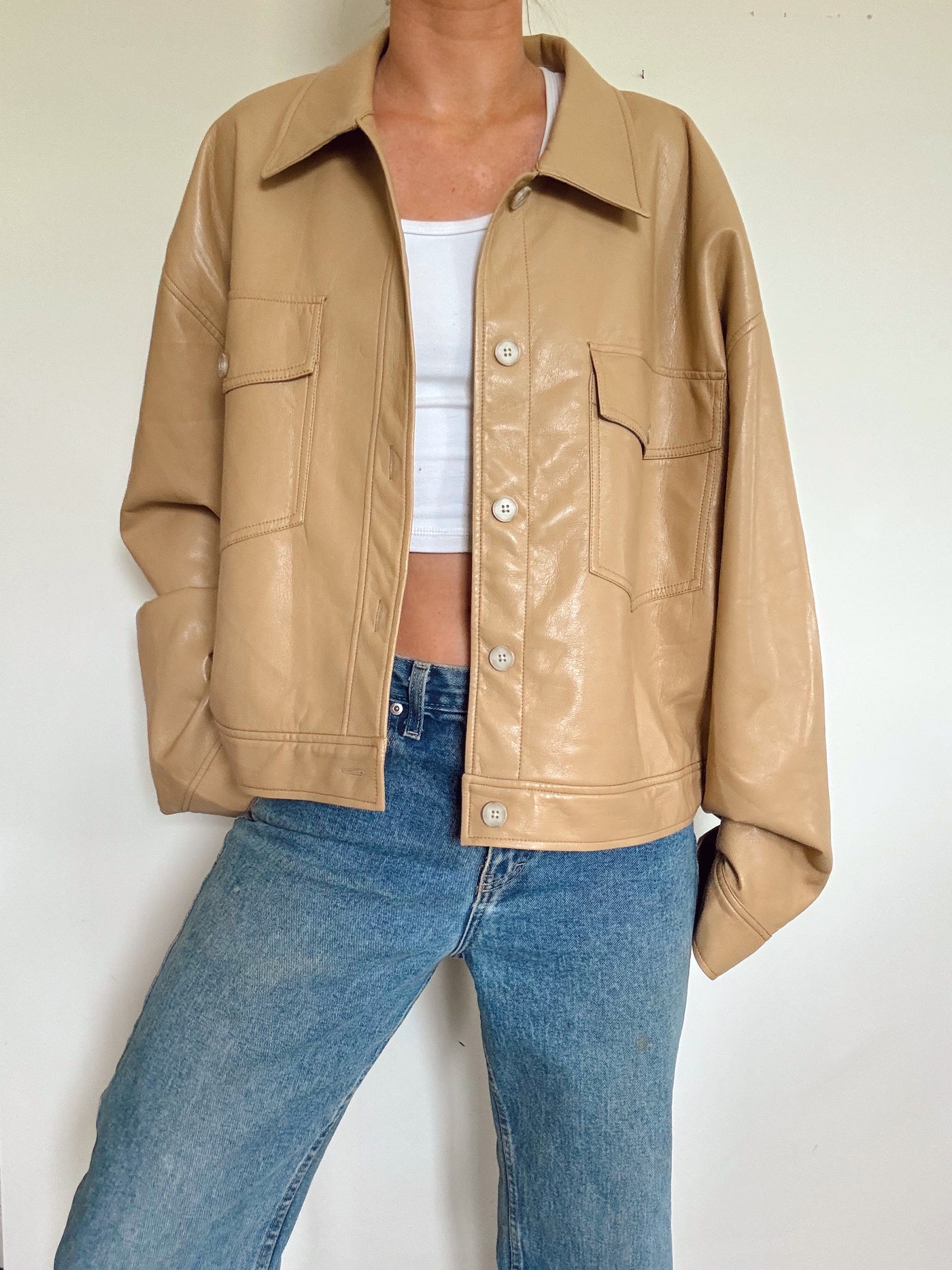 Wilfred Aritzia brown vegan leather shirt jacket