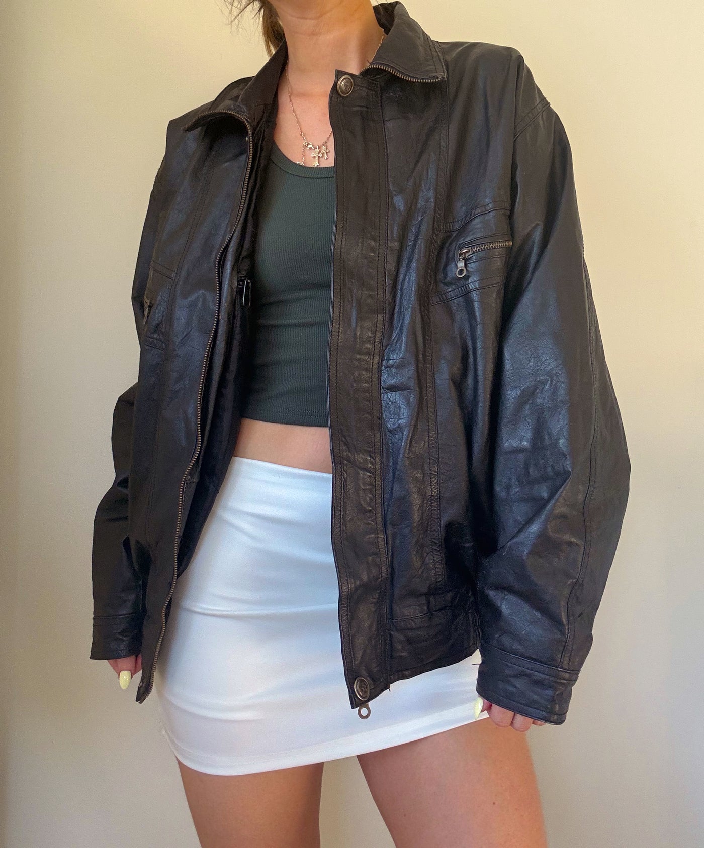 Vintage essential black boxy bomber leather jacket