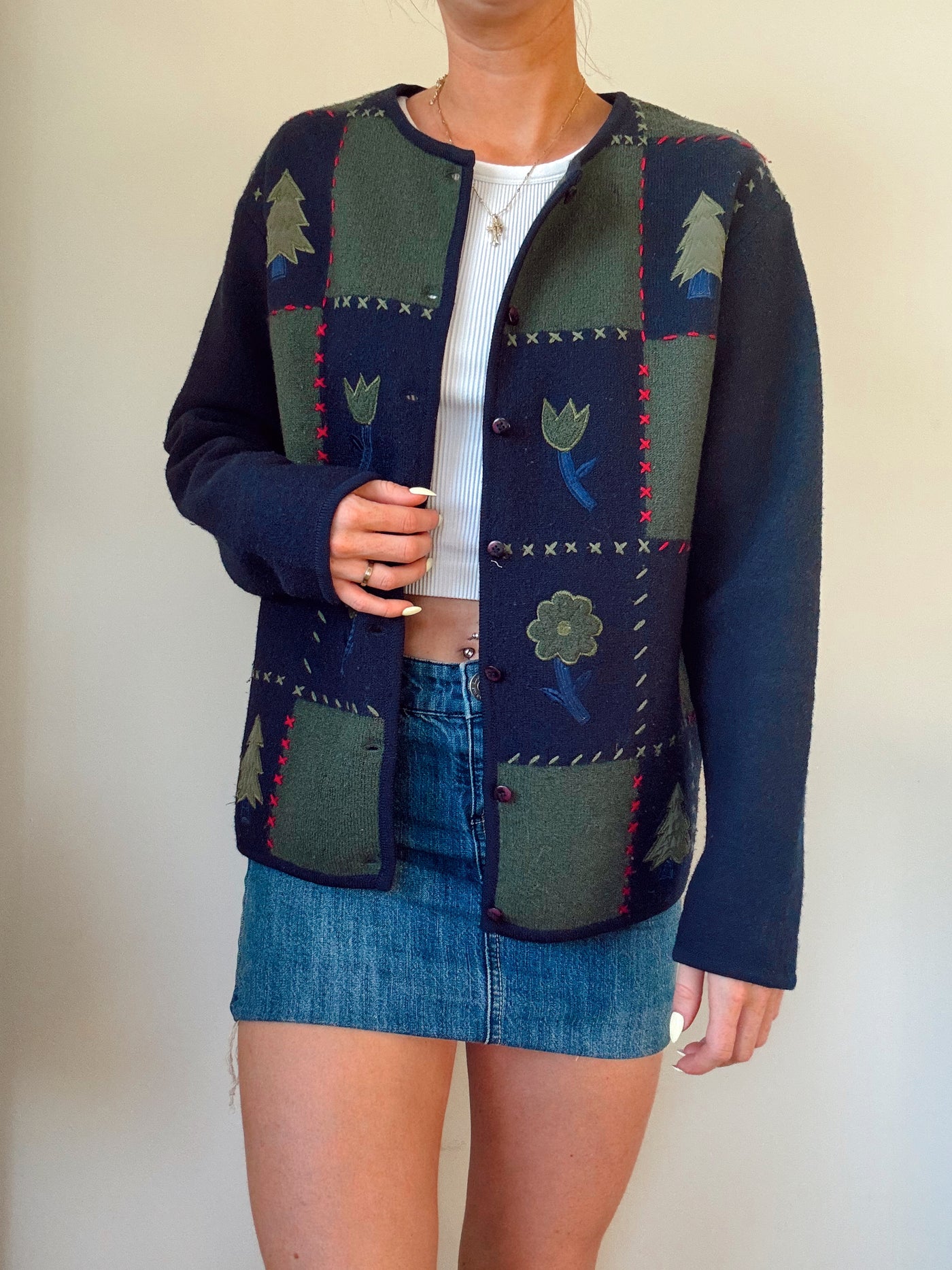 Vintage pine & petals patch work knit sweater