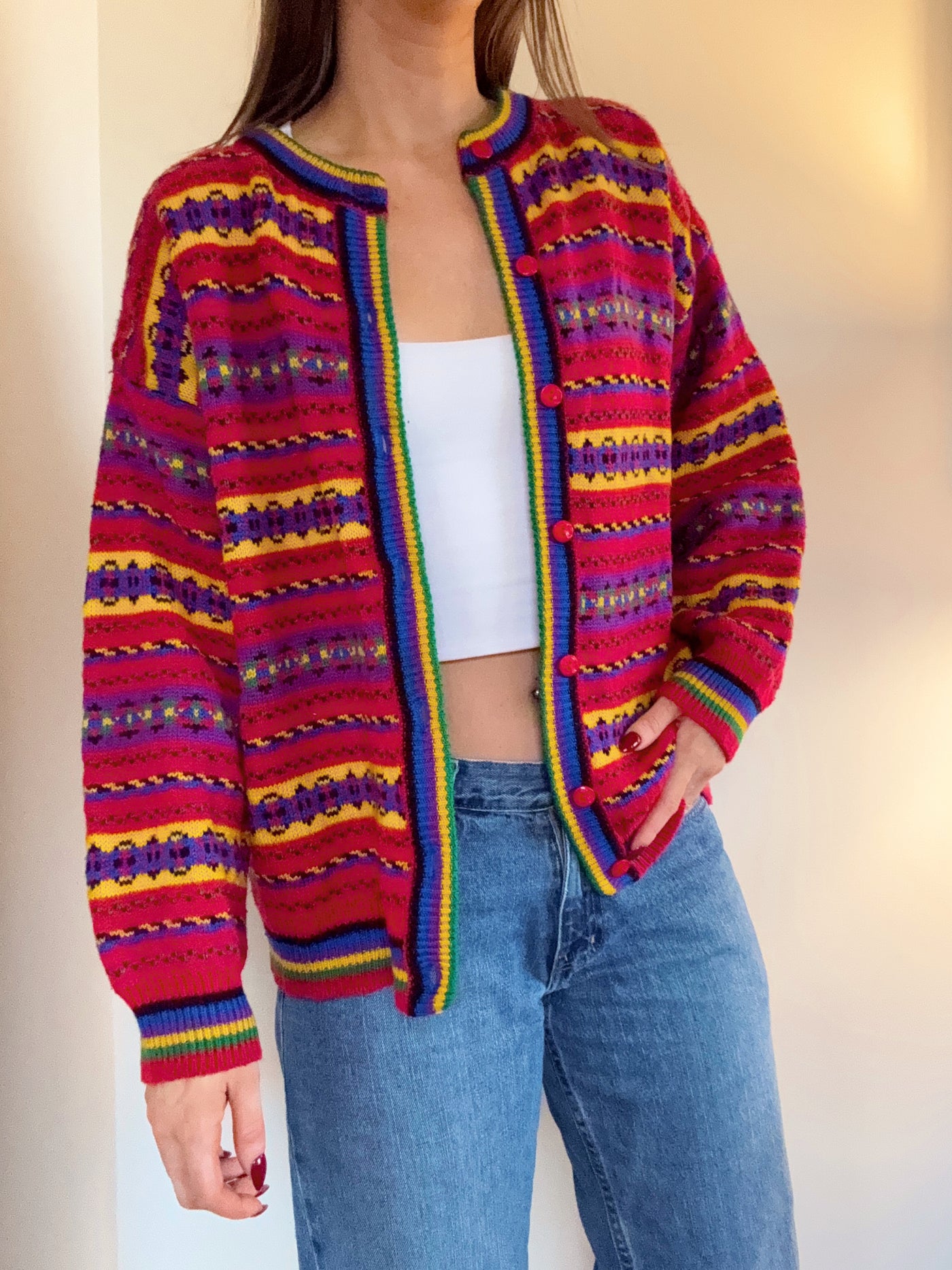 Vintage berry maple pattern knit cardigan