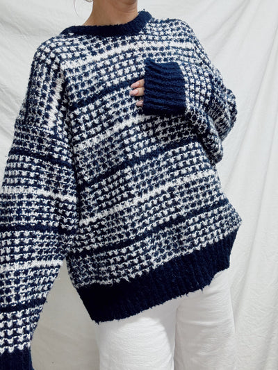 Vintage blue & white plaid knit sweater