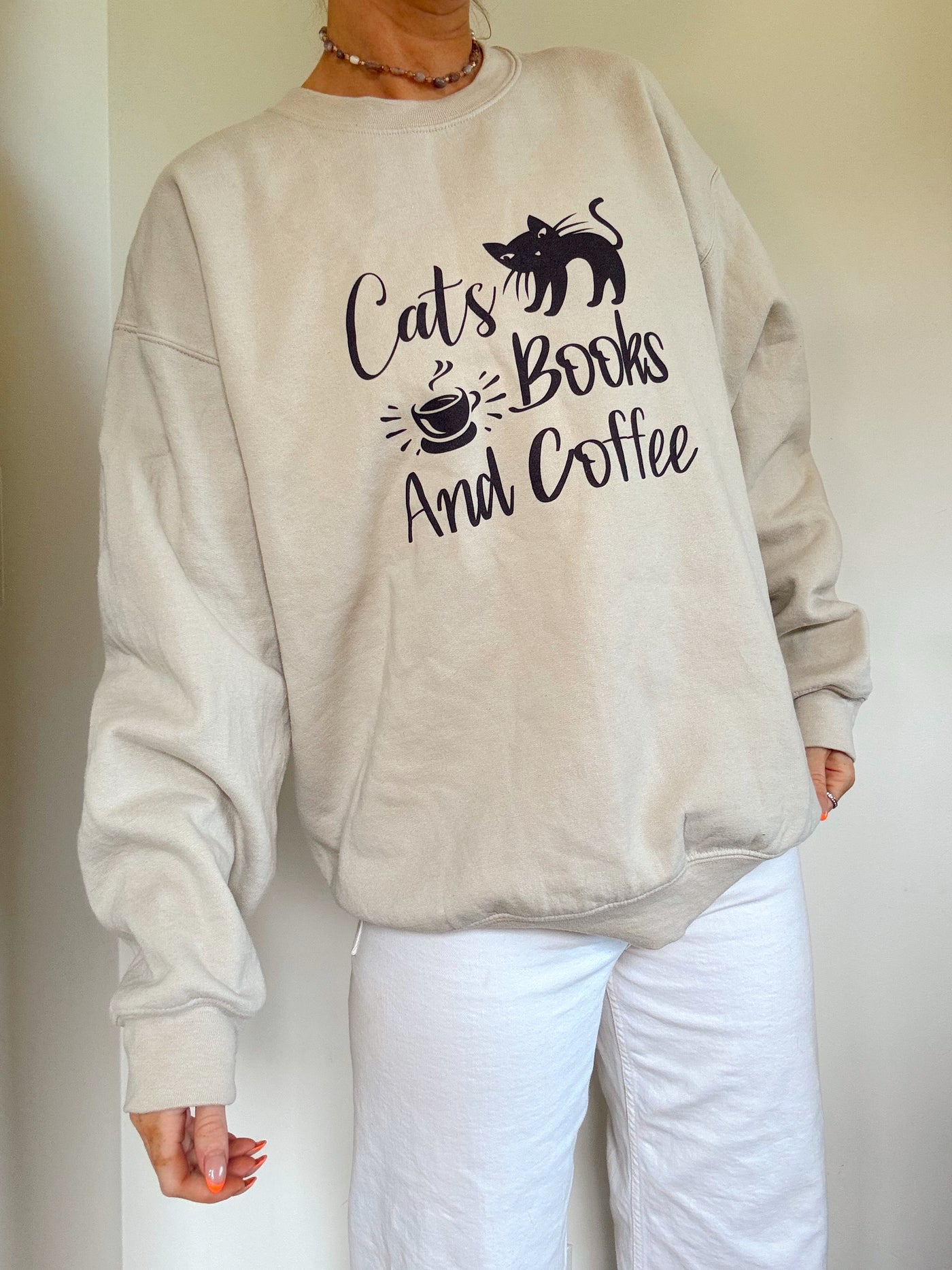 Cats, Books and Coffee neutral crewneck